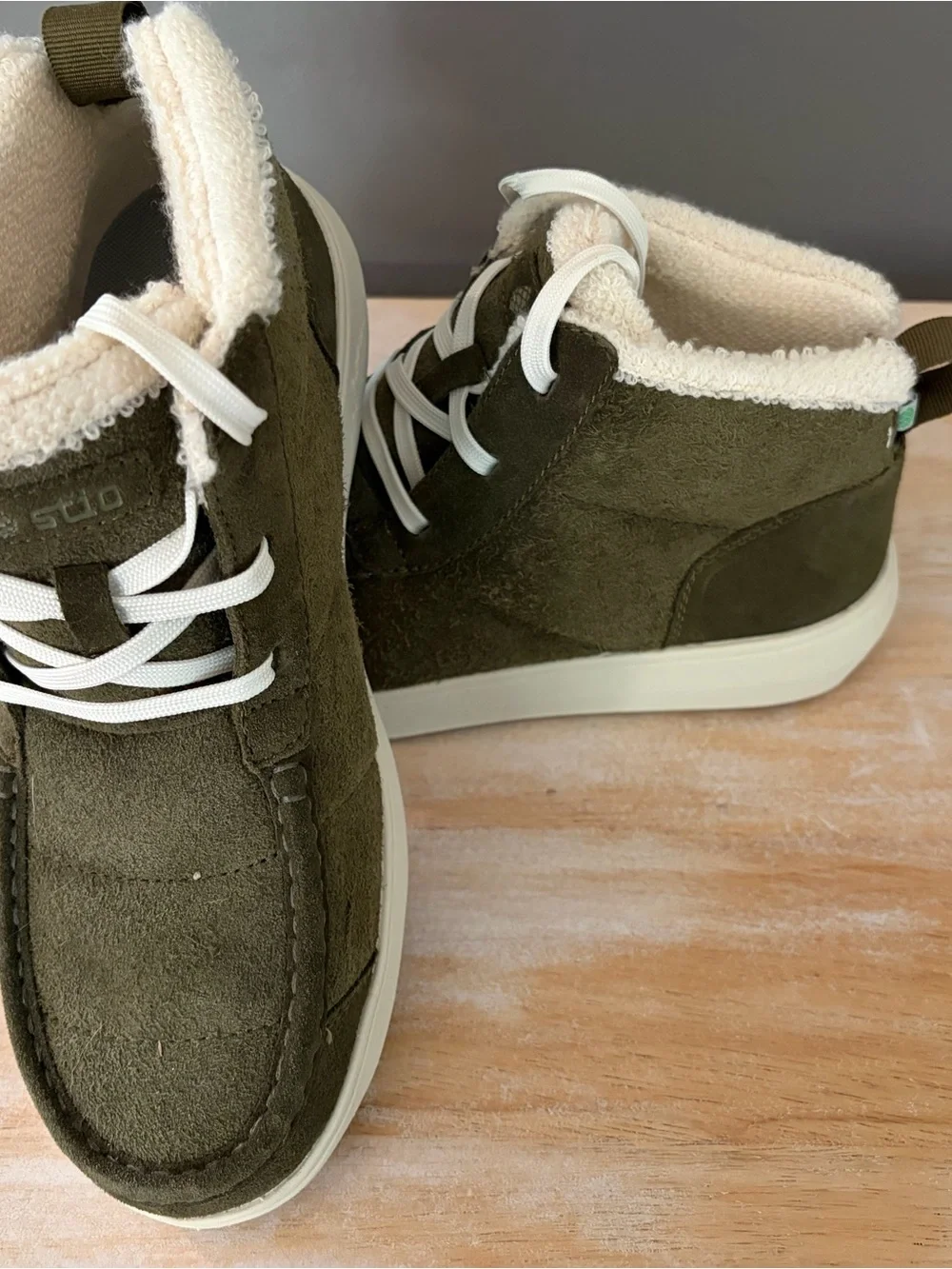 Stio Olive Green Suede Shearling-Lined Ankle Boots